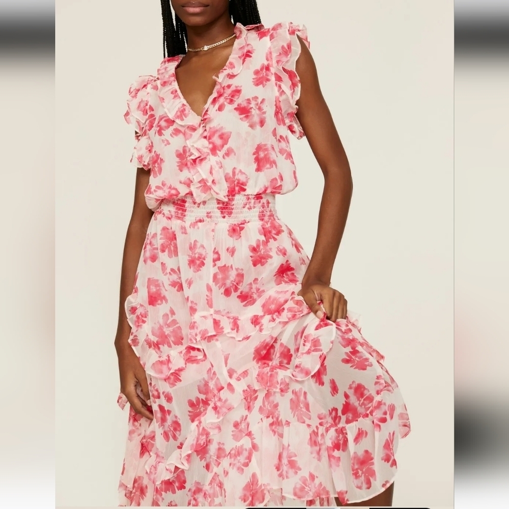 Misa LA Dakota Chiffon Floral Midi Dress XS Hi Lo Assymetrical Hem - Picture 2 of 13